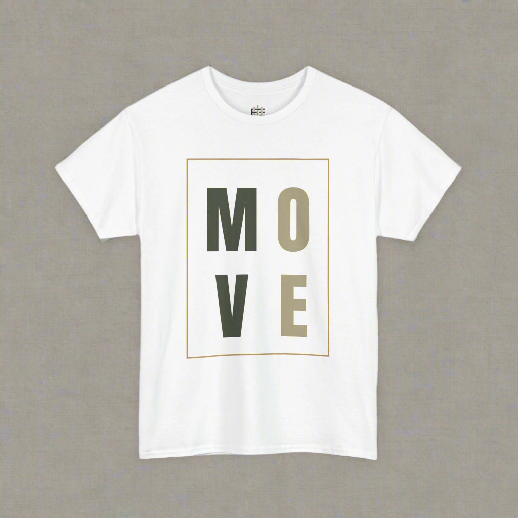 White t-shirt with 'MOVE' text in a gold box on a white background