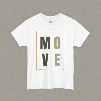 White t-shirt with 'MOVE' text in a gold box on a white background