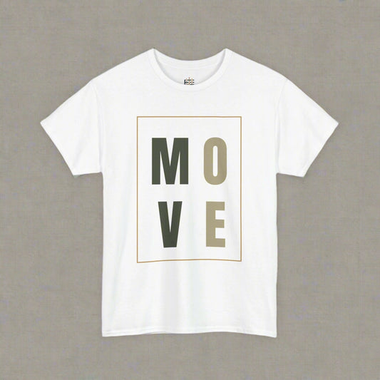 White t-shirt with 'MOVE' text in a gold box on a white background