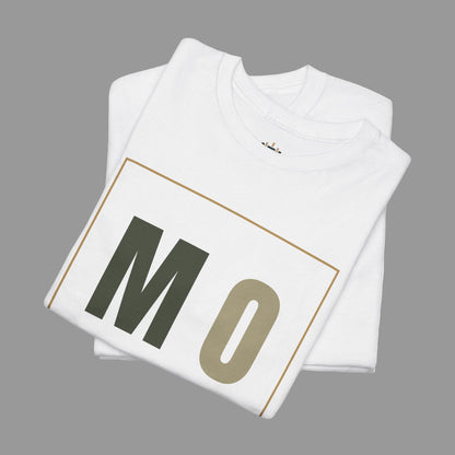 White t-shirt with 'MO' printed on it, folded and displayed against a white background
