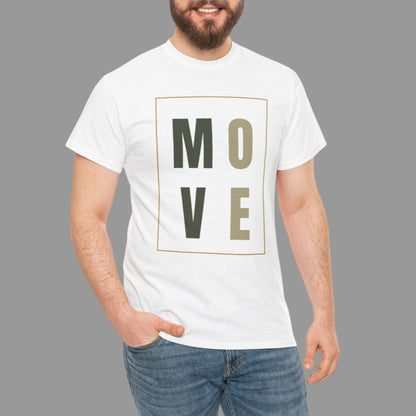 Man wearing a white t-shirt with 'MOVE' printed on it against a white background