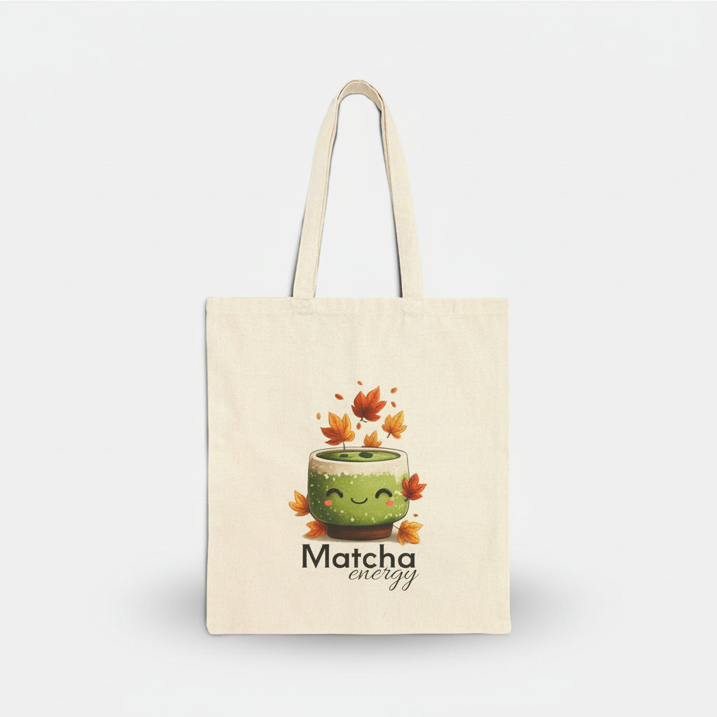 Tote bag with a matcha graphic and 'Matcha energy' text on a white background