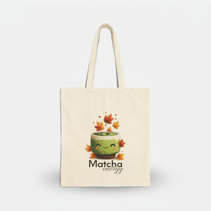 Tote bag with a matcha graphic and 'Matcha energy' text on a white background