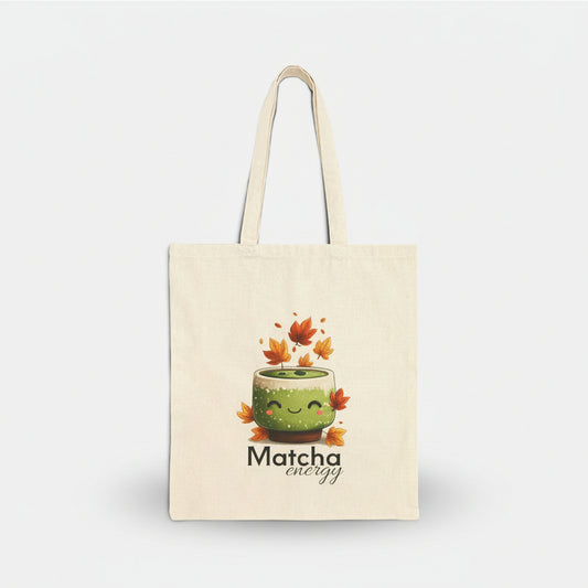 Tote bag with a matcha graphic and 'Matcha energy' text on a white background