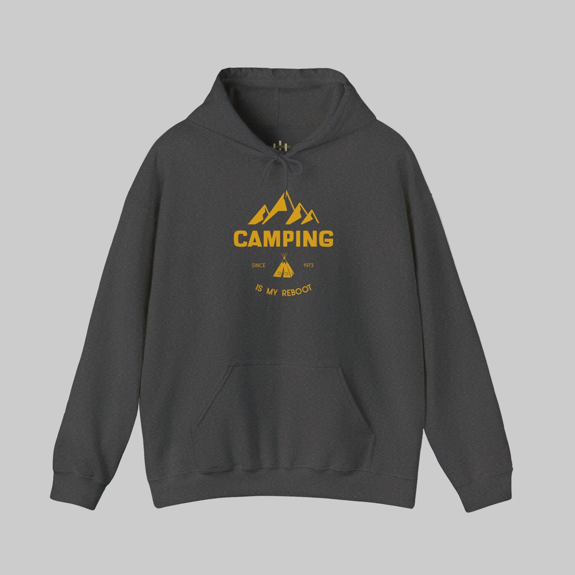 Gray hoodie with yellow 'Camping' graphic on a white background
