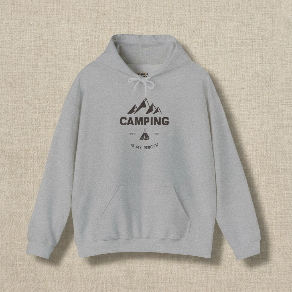Gray hoodie with 'Camping is my destination' text and mountain graphic on a white background