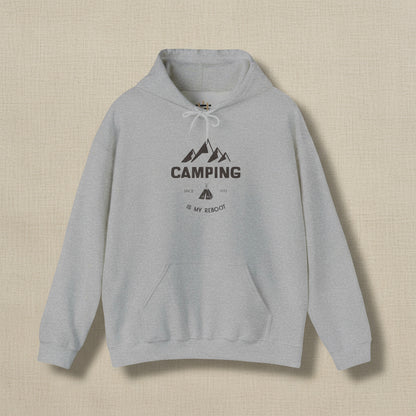 Gray hoodie with 'Camping is my destination' text and mountain graphic on a white background