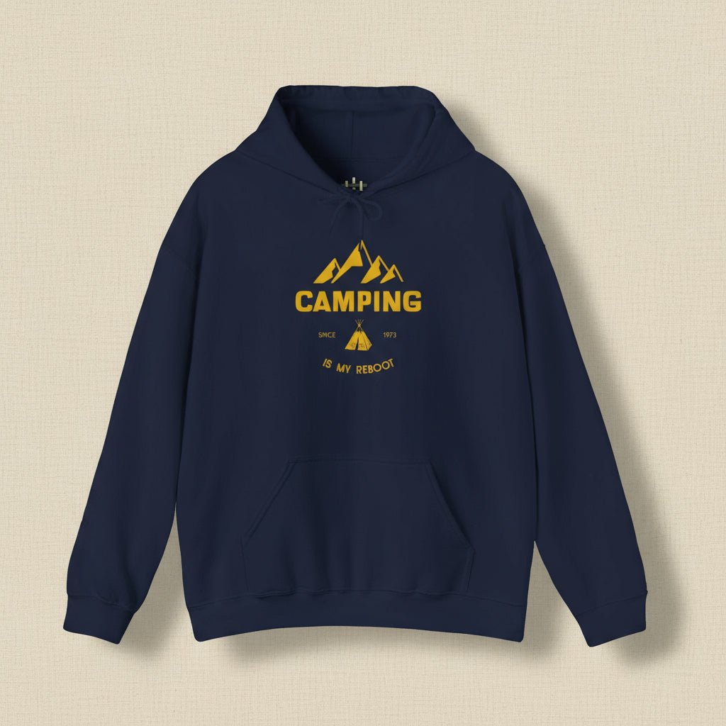 Navy blue hoodie with yellow 'Camping is my Rescue' graphic on a white background