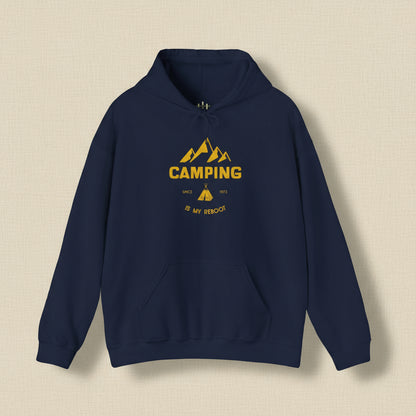 Navy blue hoodie with yellow 'Camping is my Rescue' graphic on a white background