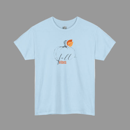Light blue t-shirt with a pumpkin and 'fall vibes' text on a white background