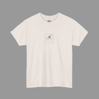 Beige t-shirt with a small graphic on a white background