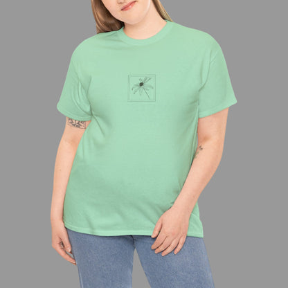 Person wearing a light green t-shirt with a small logo on a white background