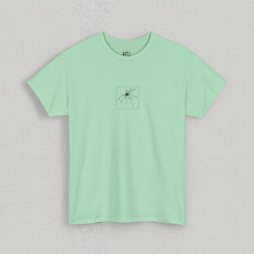 Light green t-shirt with a small graphic on a white background