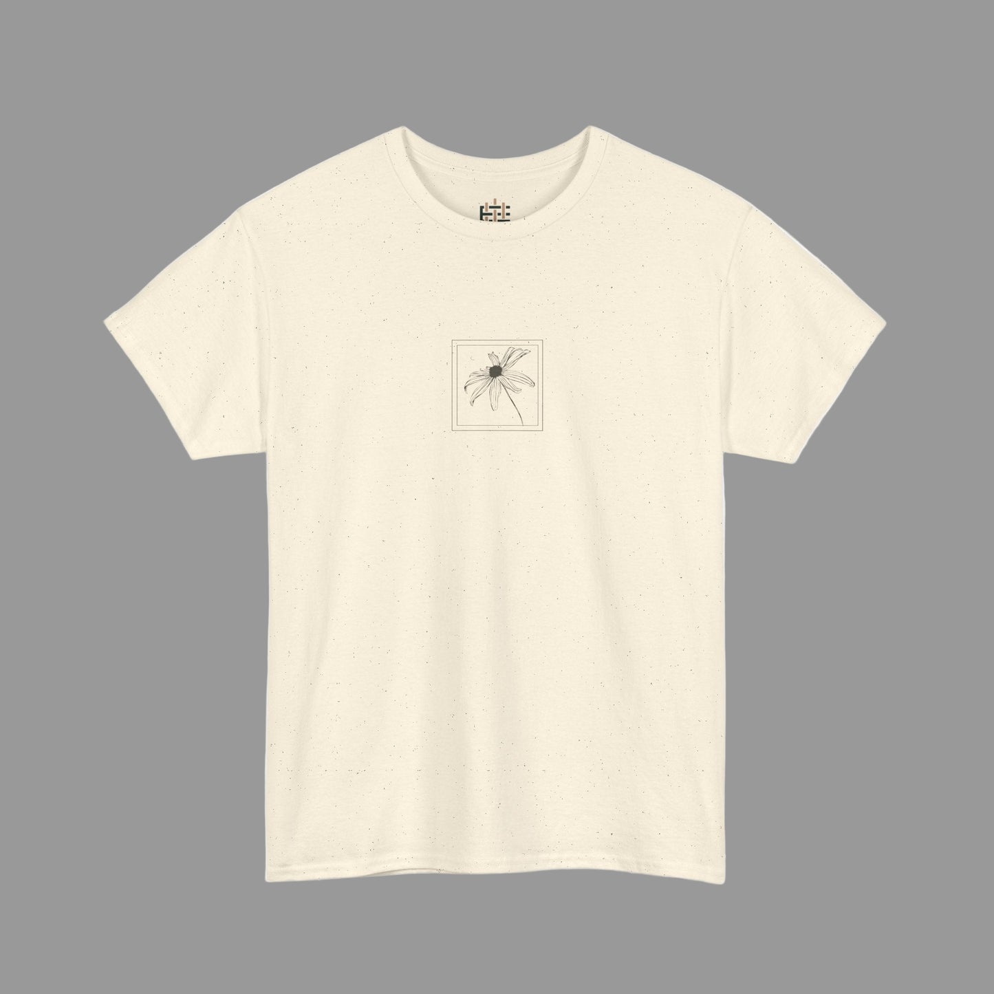 Beige t-shirt with a small graphic on a white background