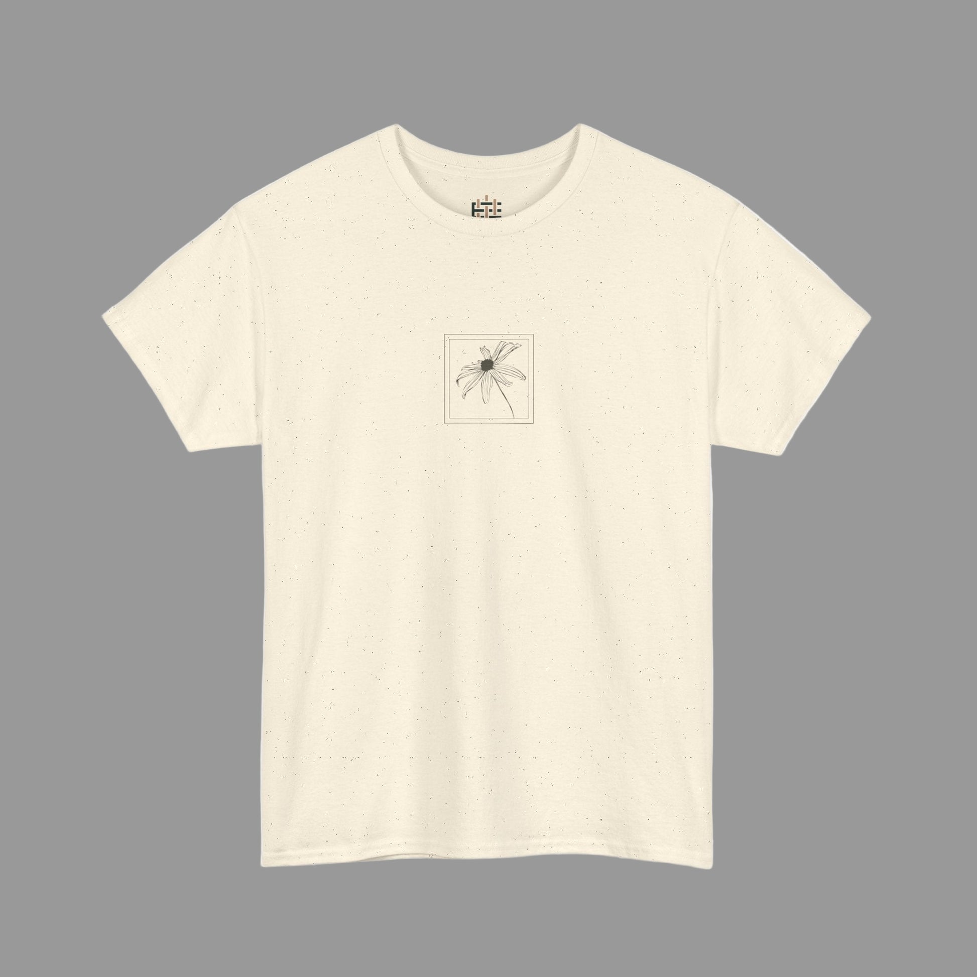 Beige t-shirt with a small graphic on a white background