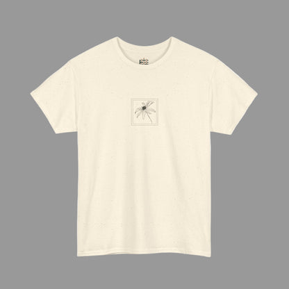 Beige t-shirt with a small graphic on a white background