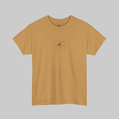 Mustard yellow t-shirt with a small graphic on a white background