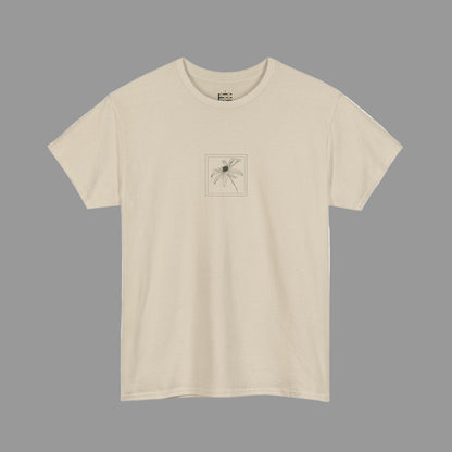 Beige t-shirt with a small graphic on a white background
