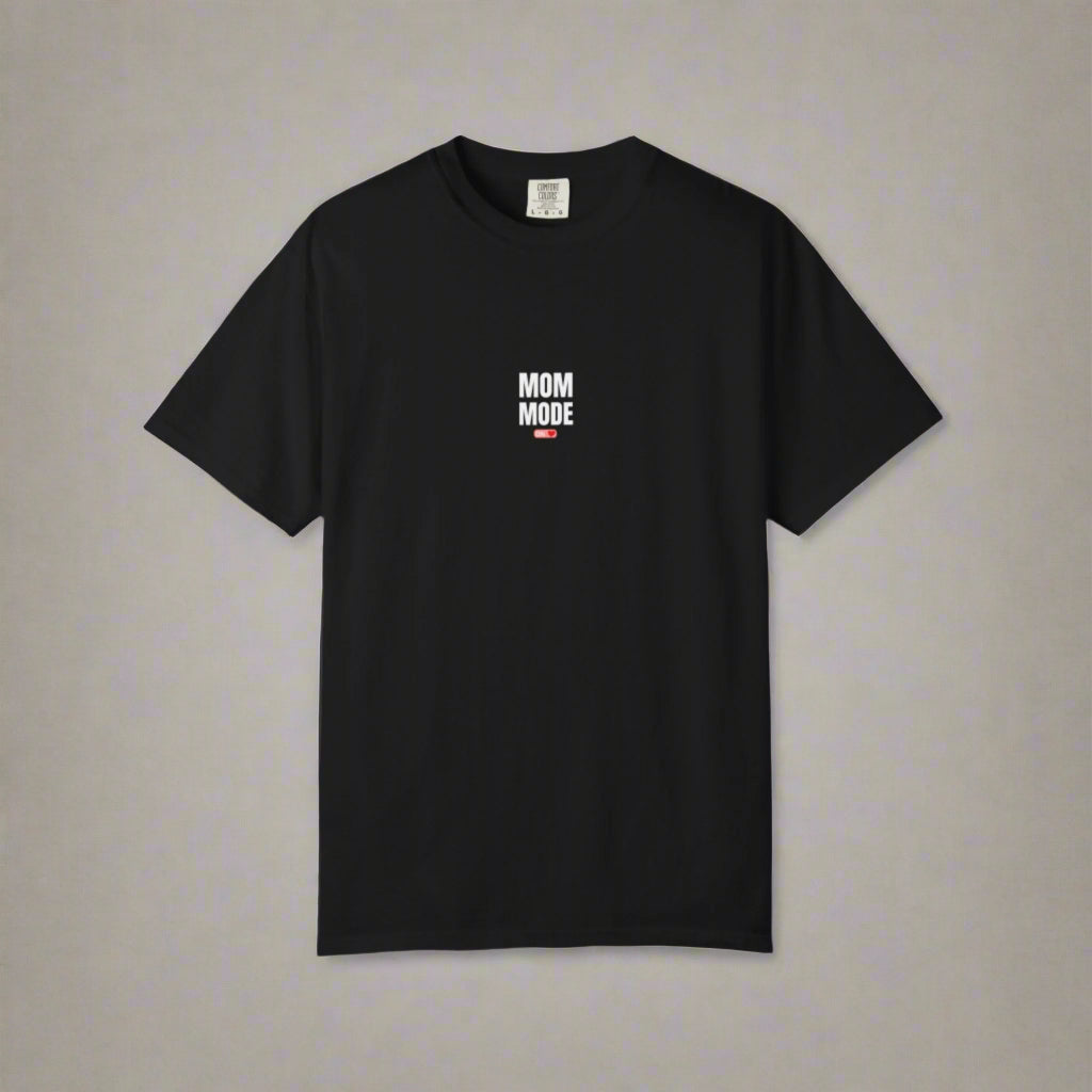 Black t-shirt with 'Mom Mode' text on a white background