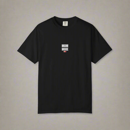 Black t-shirt with 'Mom Mode' text on a white background