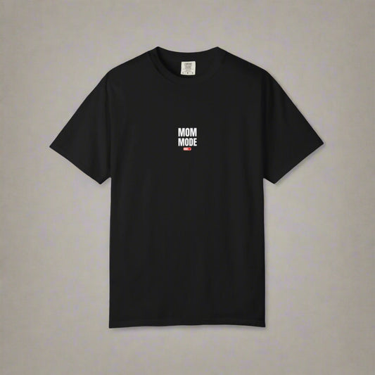 Black t-shirt with 'Mom Mode' text on a white background