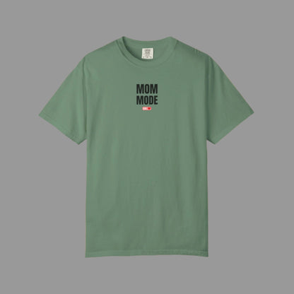 Green t-shirt with 'Mom Mode' text on a white background