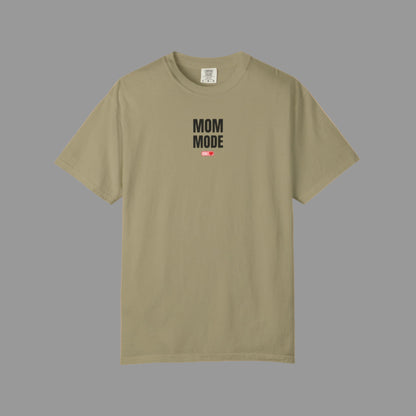 Beige t-shirt with 'Mom Mode' text on a white background
