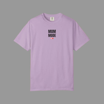 Purple t-shirt with 'Mom Mode' text on a white background