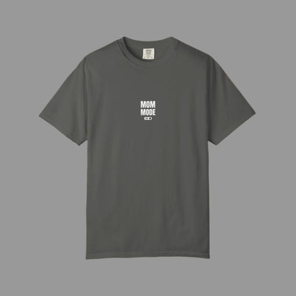 Gray t-shirt with 'MOM MODE' text on a white background