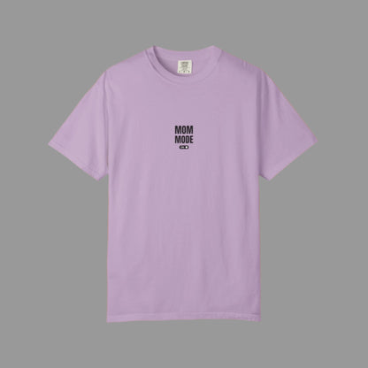 Purple t-shirt with 'MOM MODE' text on a white background