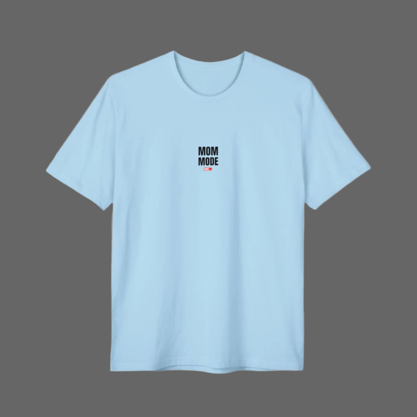 A woman wearing a black crew neck t-shirt with the text 'MOM MODE' on the front.