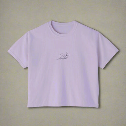 Lavender t-shirt with a small logo on a white background