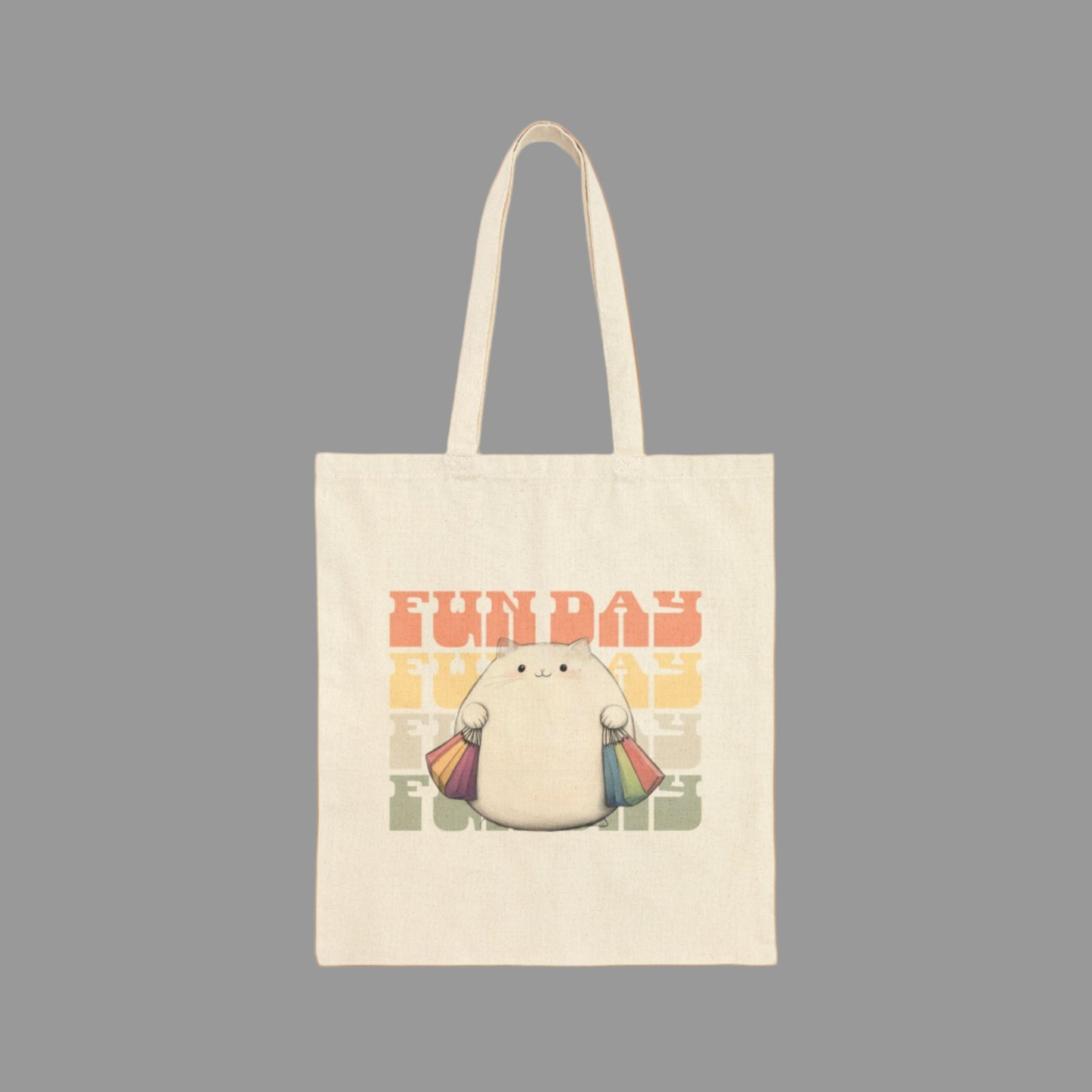 Tote bag with a cartoon character holding a rainbow umbrella and 'FUN DAY' text on a white background