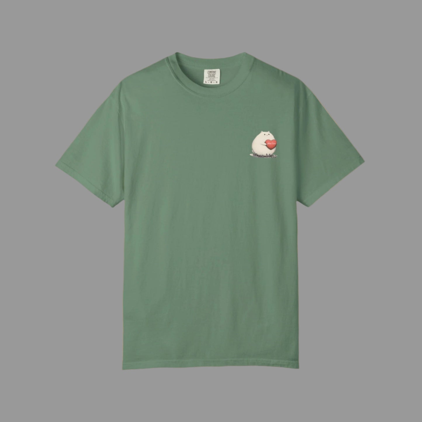 Green t-shirt with a small graphic on a white background