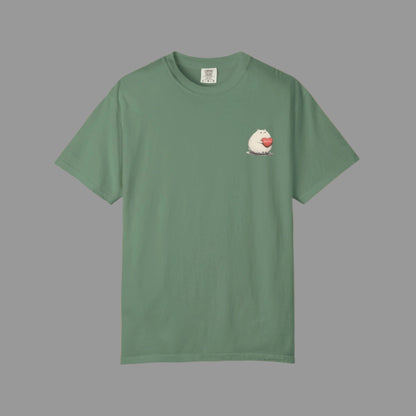 Green t-shirt with a small graphic on a white background