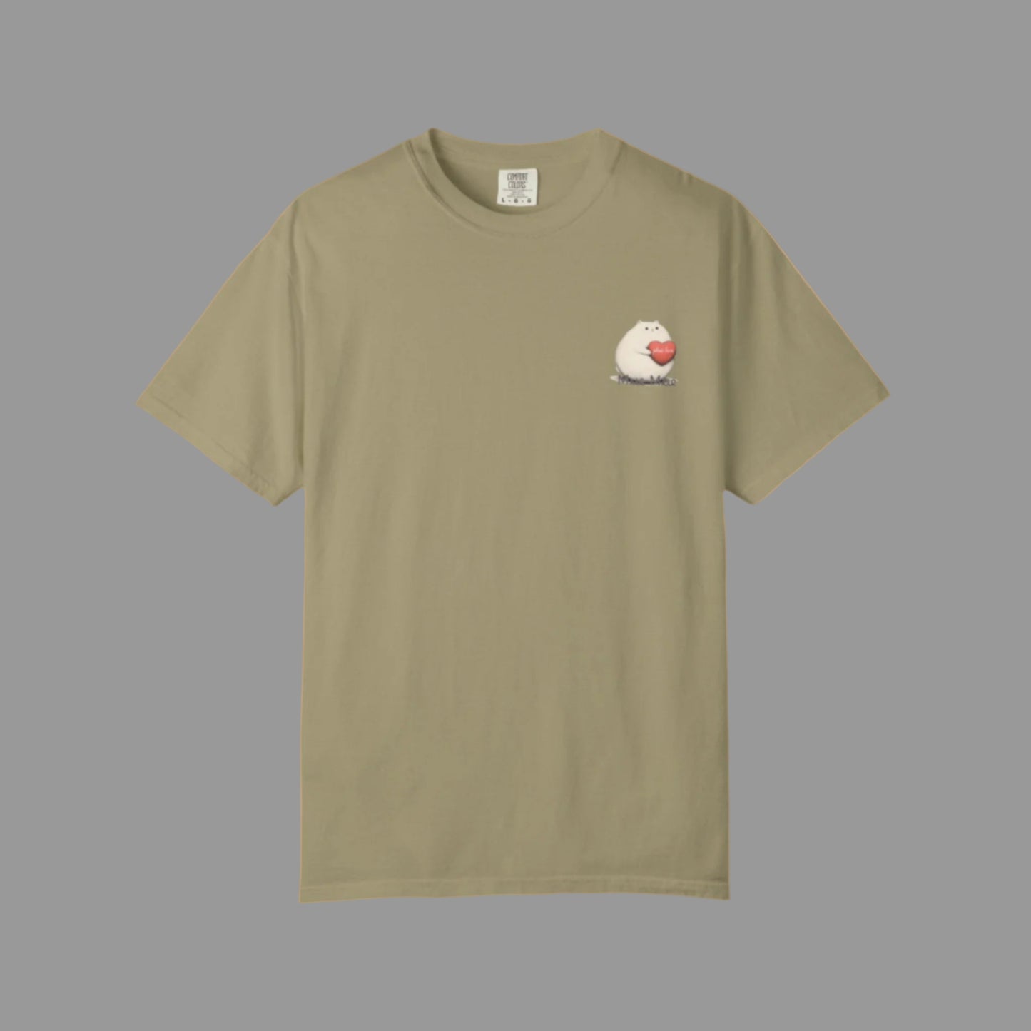 Khaki t-shirt with a small graphic on the chest against a white background