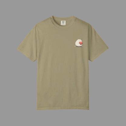 Khaki t-shirt with a small graphic on the chest against a white background