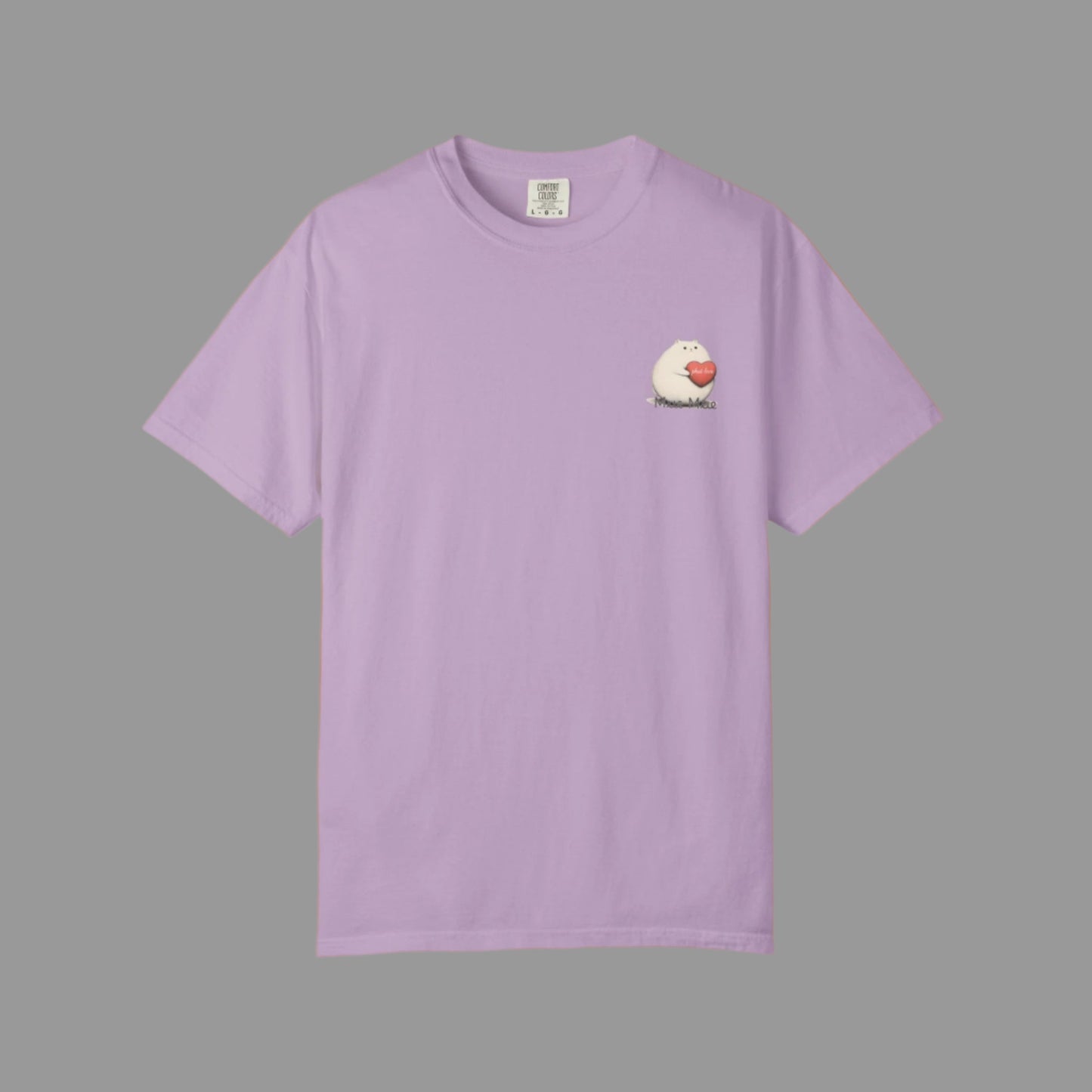 Purple t-shirt with a small graphic on a white background
