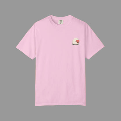 Pink t-shirt with a small graphic on a white background
