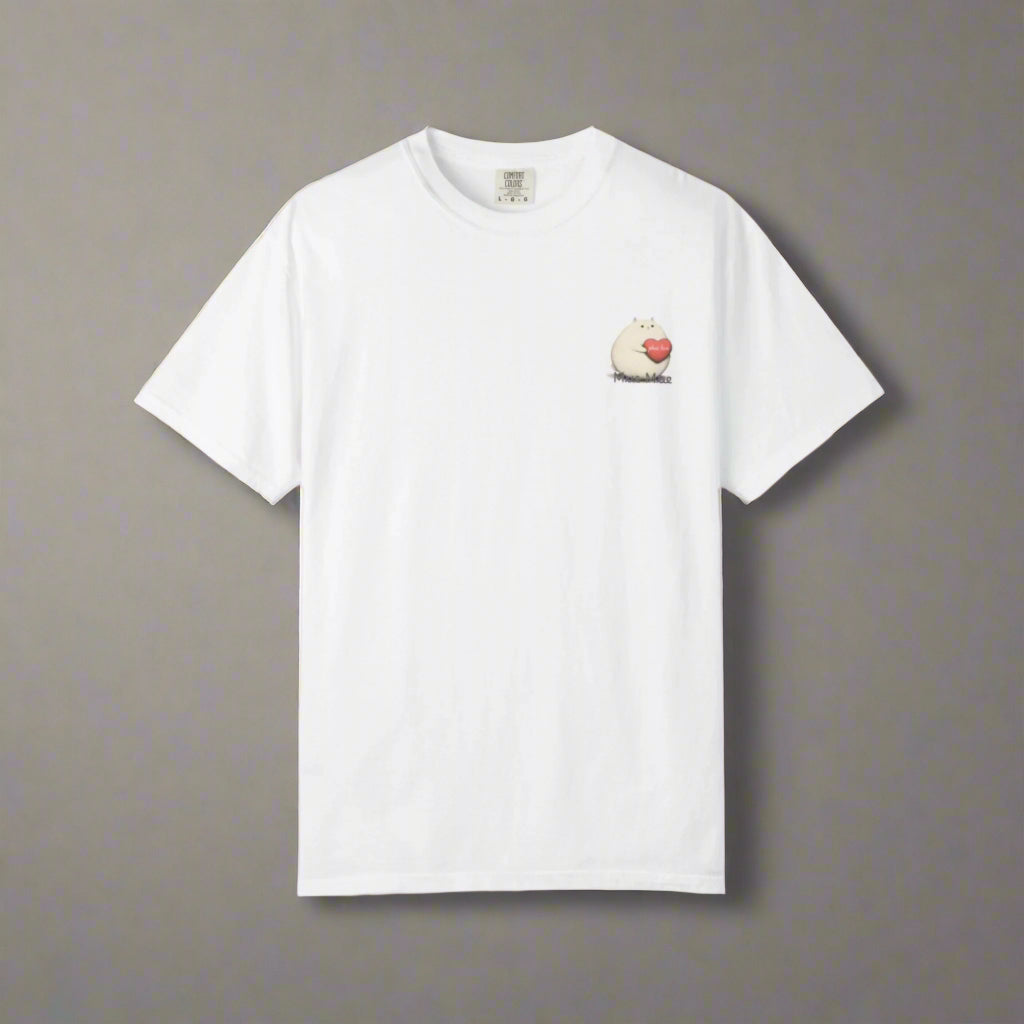 White t-shirt with a small graphic on the chest against a white background