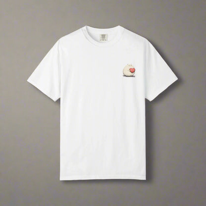 White t-shirt with a small graphic on the chest against a white background