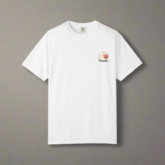 White t-shirt with a small graphic on the chest against a white background