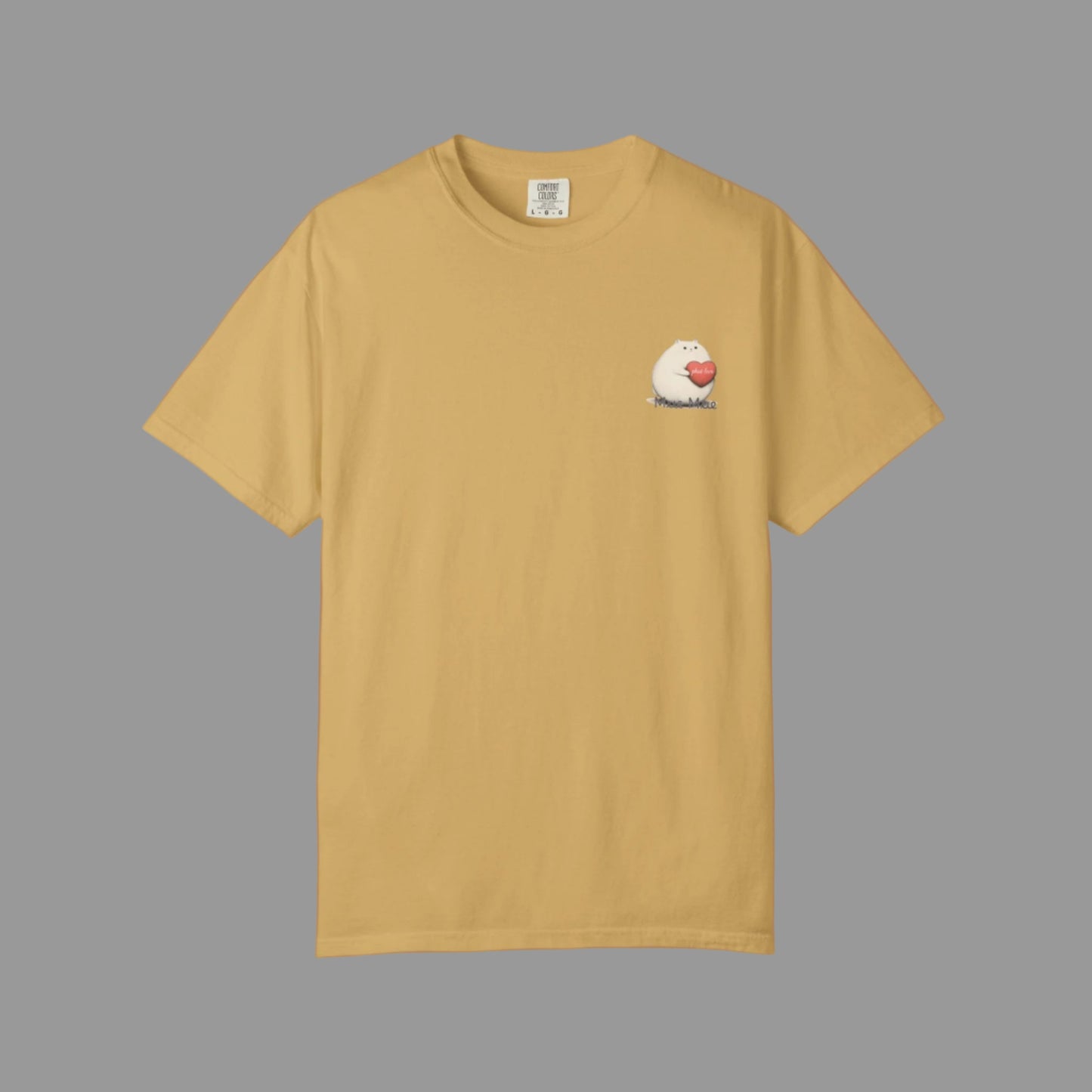 Beige t-shirt with a small graphic on the chest against a white background