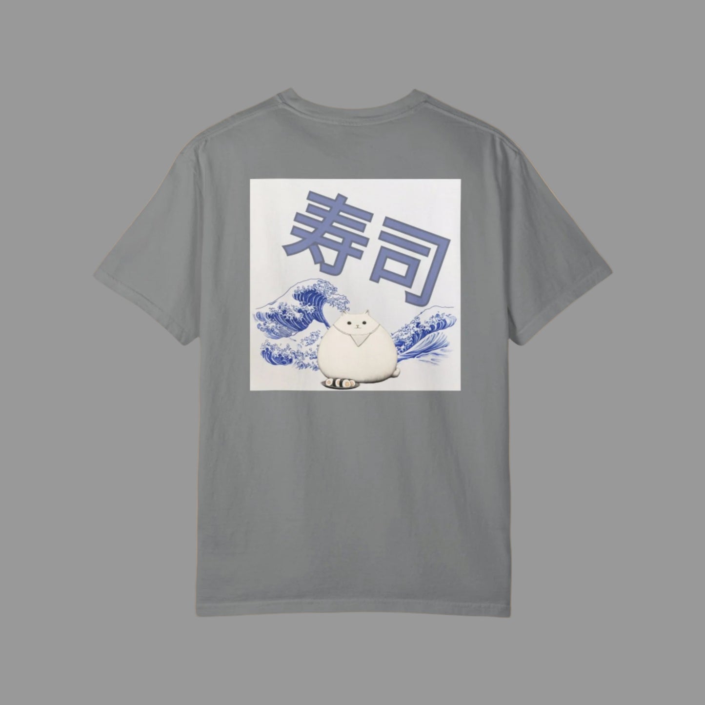 Gray t-shirt with a graphic of a white creature and Japanese text on a white background