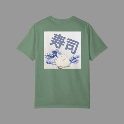 Green t-shirt with a graphic of a polar bear and Japanese text on a white background