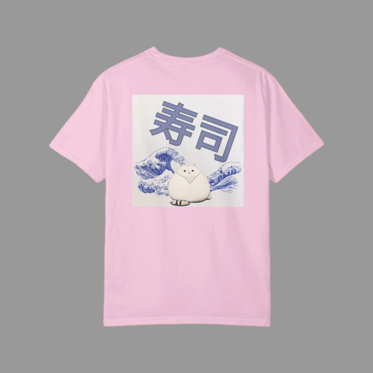 Pink t-shirt with a graphic of a cartoon character and text on the back, on a white background