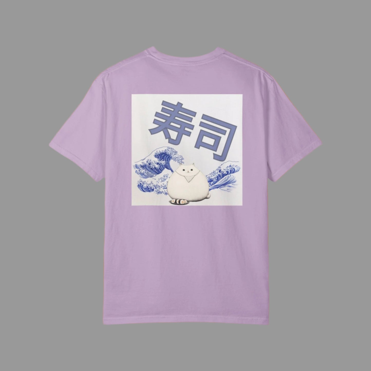 Purple t-shirt with a cartoon seal and wave design on a white background