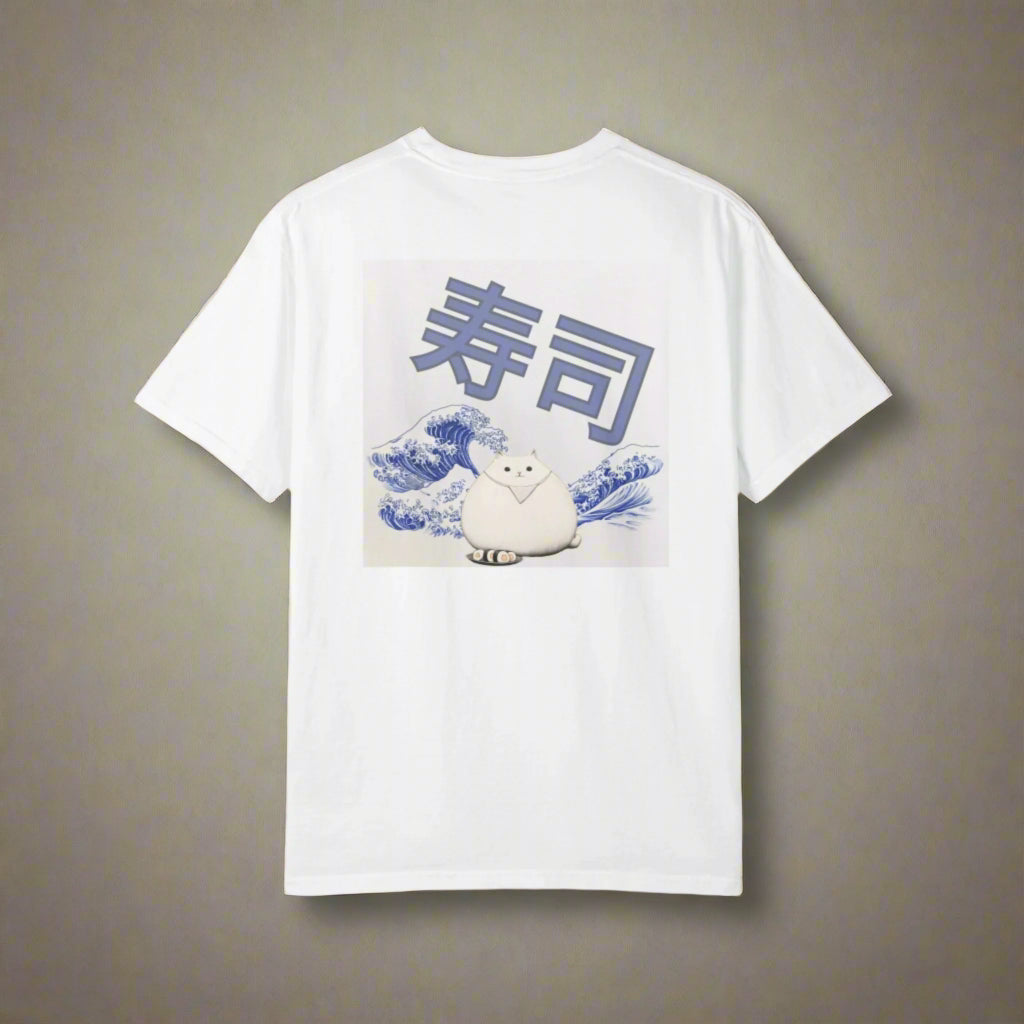 White t-shirt with cartoon character and wave design on a white background