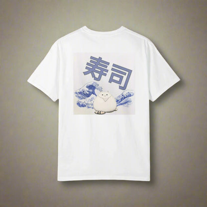 White t-shirt with cartoon character and wave design on a white background