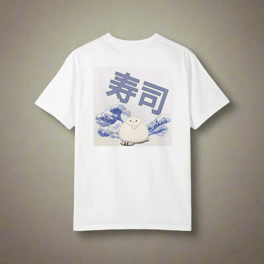 White t-shirt with cartoon character and wave design on a white background